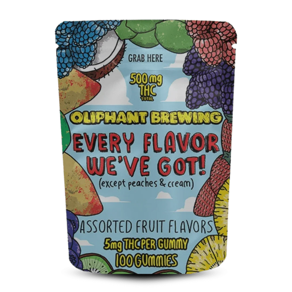 Oliphant Brewing assorted fruit THC gummies 500mg bag with colorful fruit illustrations