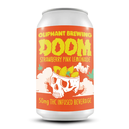 Oliphant Brewing DOOM Strawberry Pink Lemonade 50mg THC infused beverage can with skull design