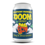 Oliphant Brewing DOOM Lemonade can, THC infused beverage, skull with lemons, cannabis leaves