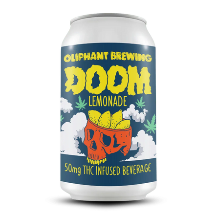 Oliphant Brewing DOOM Lemonade can, THC infused beverage, skull with lemons, cannabis leaves